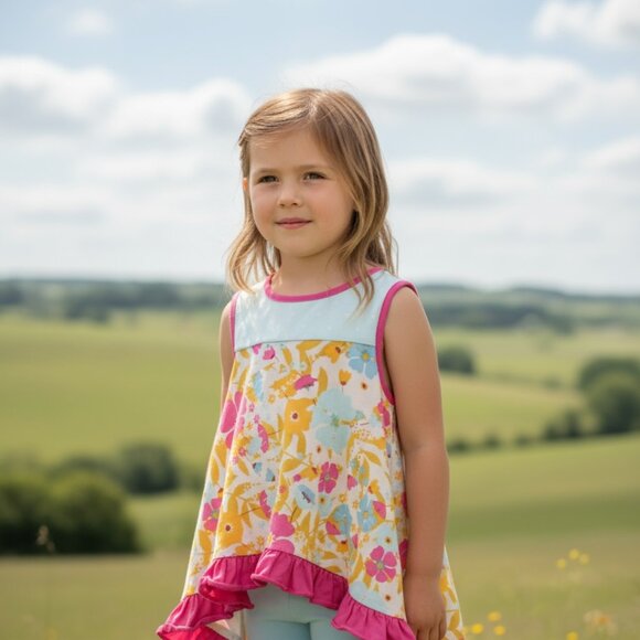 Matilda Jane pink and blue Floral Ruffle Tunic Girls 4 Bright & Playful Colors - Picture 1 of 8